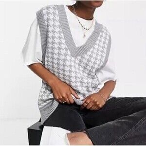 Abercrombie & Fitch Sweater Vest Womens Large Gray Houndstooth Oversized Preppy